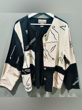Vintage Black and Cream Embroidered Linen blend top